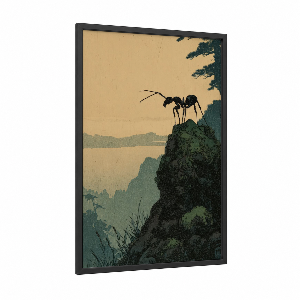 Mountain Ant Explorer framed art print — black wood frame — cream and teal palette