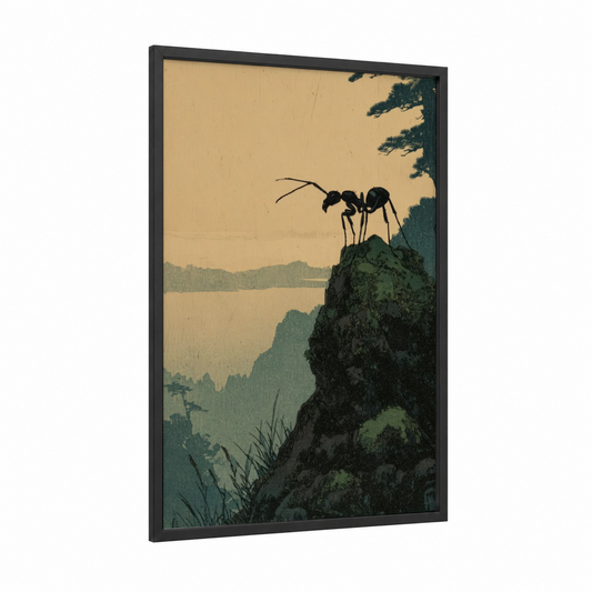 Mountain Ant Explorer framed art print — black wood frame — cream and teal palette