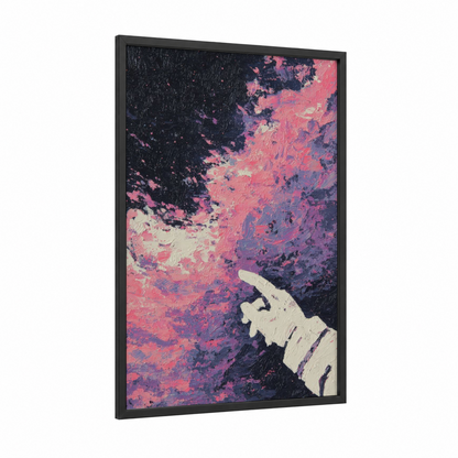 Cosmic Touch framed astronaut print — black wood frame — magenta and purple palette