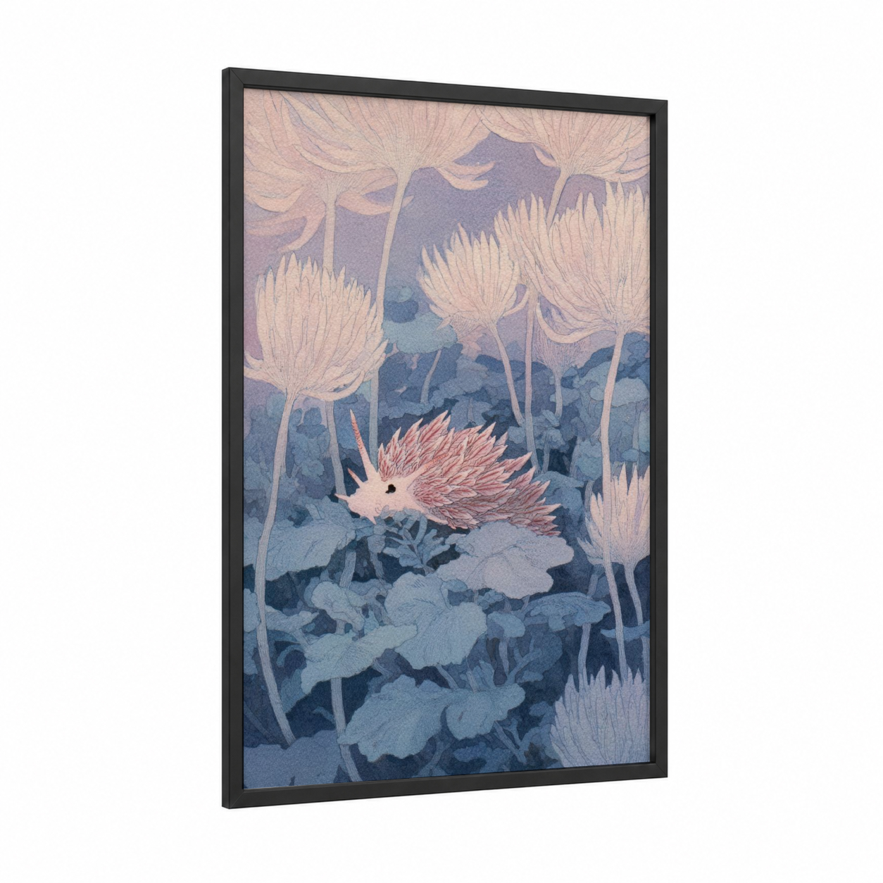 Spiky Nudibranch framed art print — black wood frame — blue and peach palette