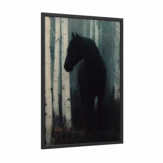 Misty Andalusian framed andalusian horse print — black wood frame — gray and black and white palette