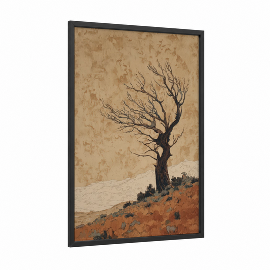 Solitary Desert Tree framed savanna and desert trees print — black wood frame — beige and russet palette