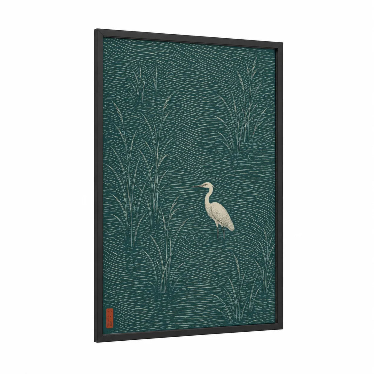 Heron in Reeds Woodblock Wall Art framed art print — black wood frame — teal and cream palette