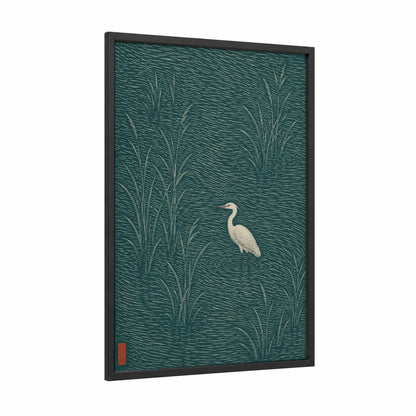 Heron in Reeds Woodblock Wall Art framed art print — black wood frame — teal and cream palette