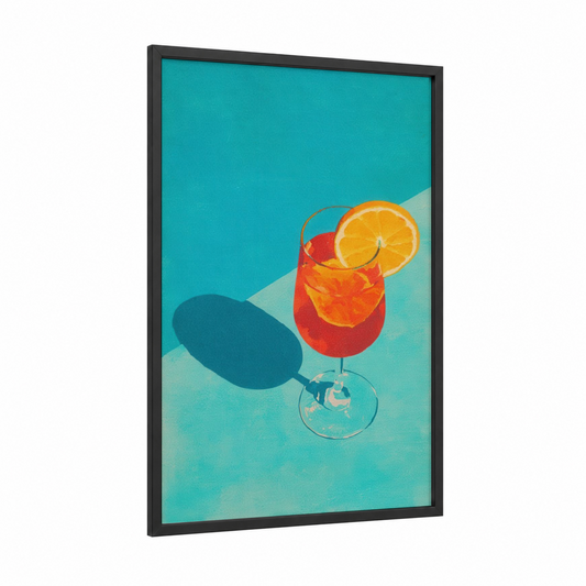 Sunrise Cocktail framed art print — black wood frame — turquoise and orange palette