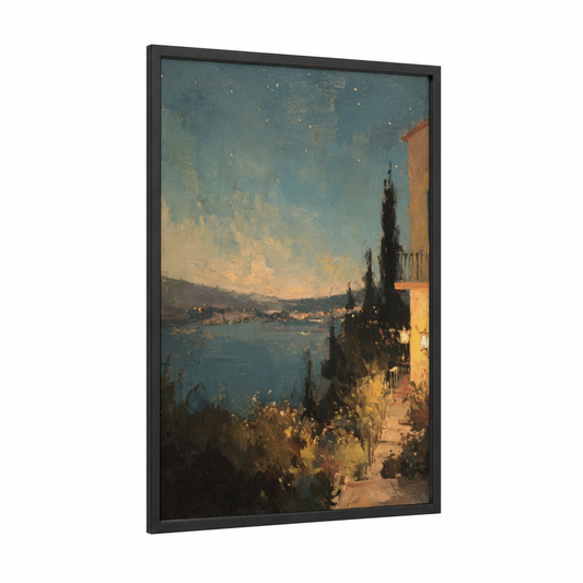 Starlit Mediterranean framed night sky print — black wood frame — teal and gold palette