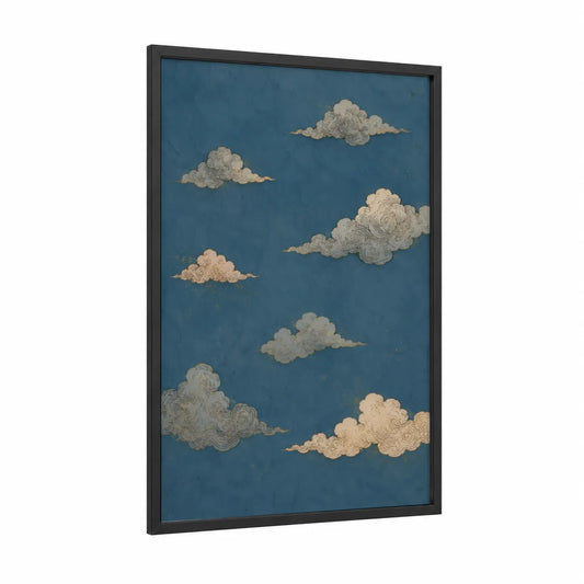 Japanese Cloud Sky Wall Art framed art print — black wood frame — blue and cream palette