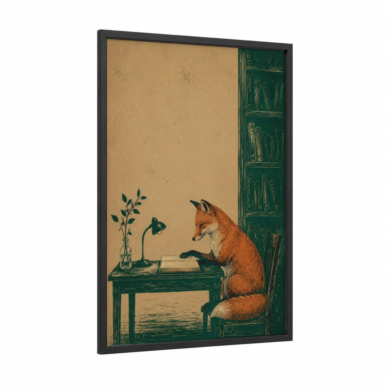 Fox Reading In Library Wall Art framed art print — black wood frame — beige and dark green palette