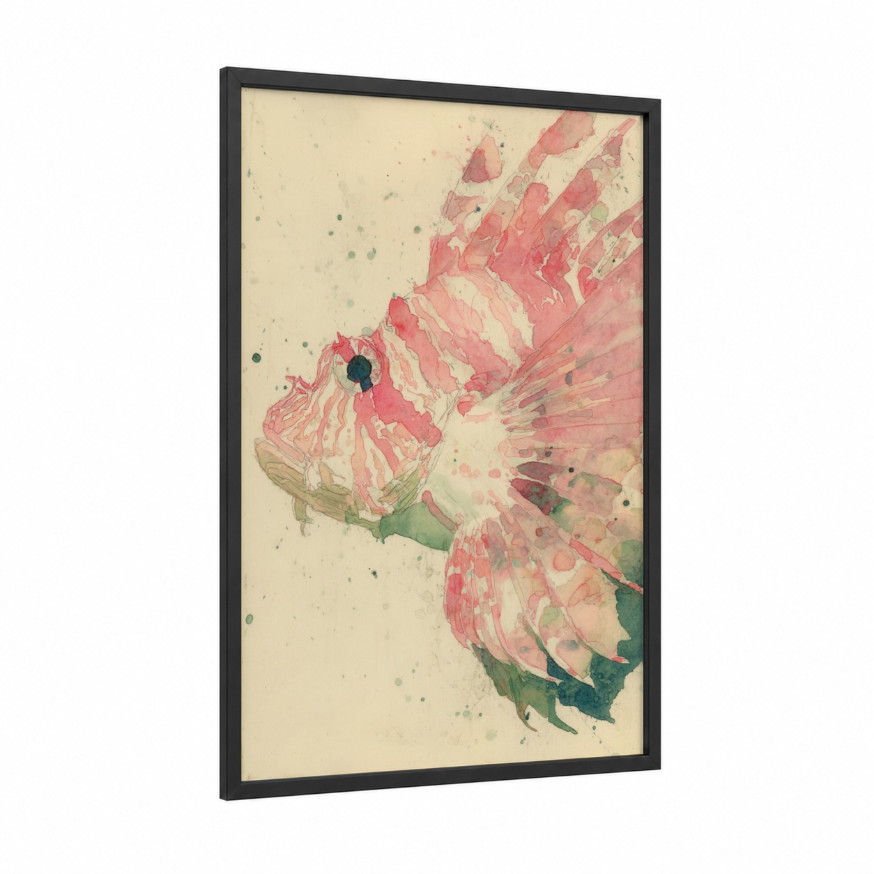 Pink Lionfish framed art print — black wood frame — salmon pink and sage green palette