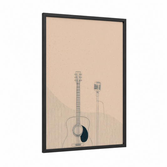 Vintage Rock Setup framed rock'n roll print — black wood frame — beige and black and white palette