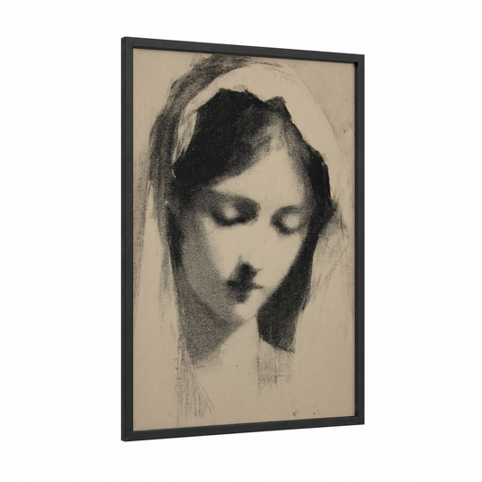 Veiled Serenity framed virgin mary print — black wood frame — black and white and beige palette