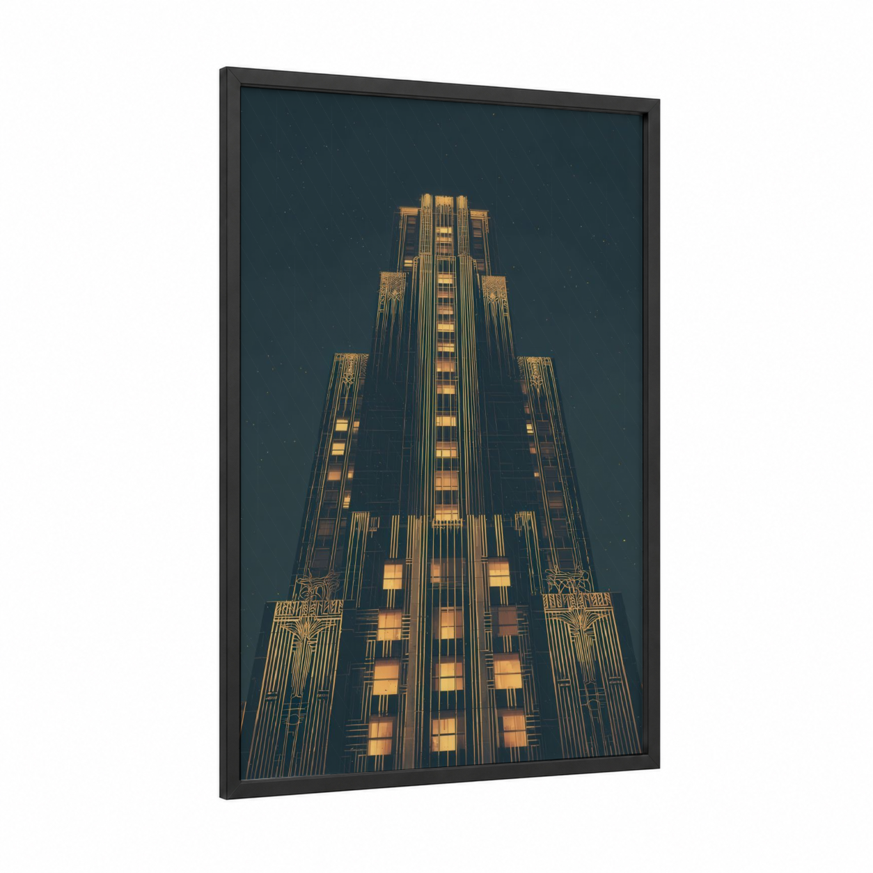 Golden Skyscraper framed art print — black wood frame — dark blue and gold palette