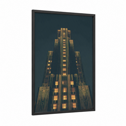 Golden Skyscraper framed art print — black wood frame — dark blue and gold palette