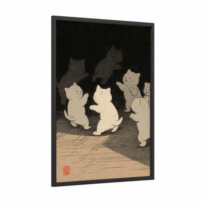 Moonlit Kittens framed karate print — black wood frame — black and white and cream palette