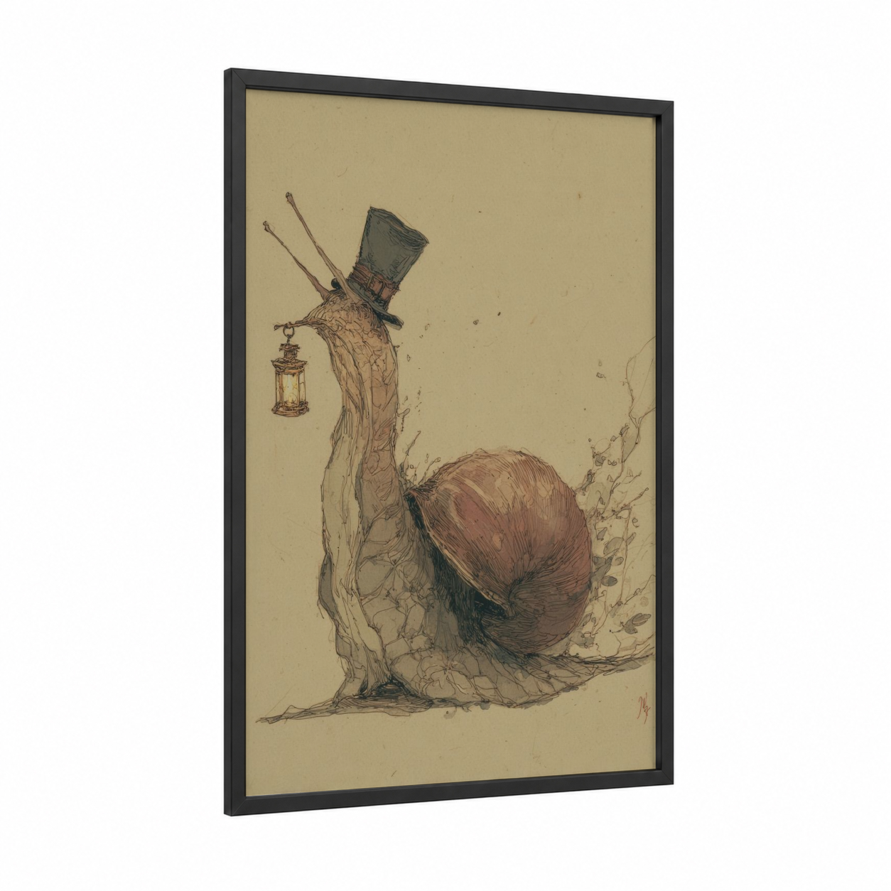 Gentleman Snail framed art print — black wood frame — beige and russet palette