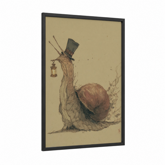 Gentleman Snail framed art print — black wood frame — beige and russet palette