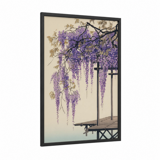 Cascading Wisteria Pergola framed art print — black wood frame — purple and cream palette
