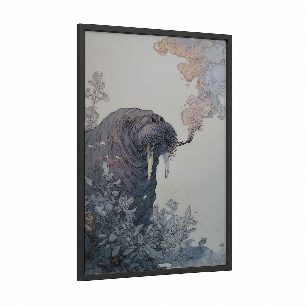 Smoking Walrus framed art print — black wood frame — gray and dove gray palette