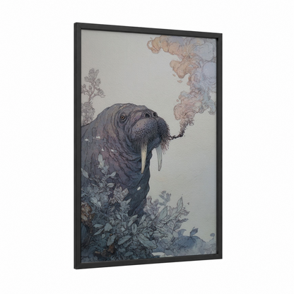 Smoking Walrus framed art print — black wood frame — gray and dove gray palette