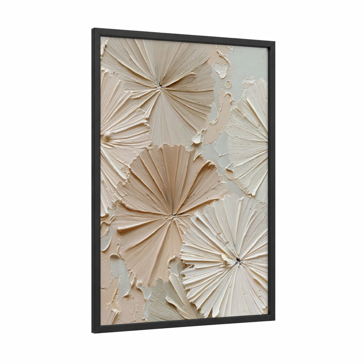 Textured Blooms framed abstract minimalist print — black wood frame — cream and white palette
