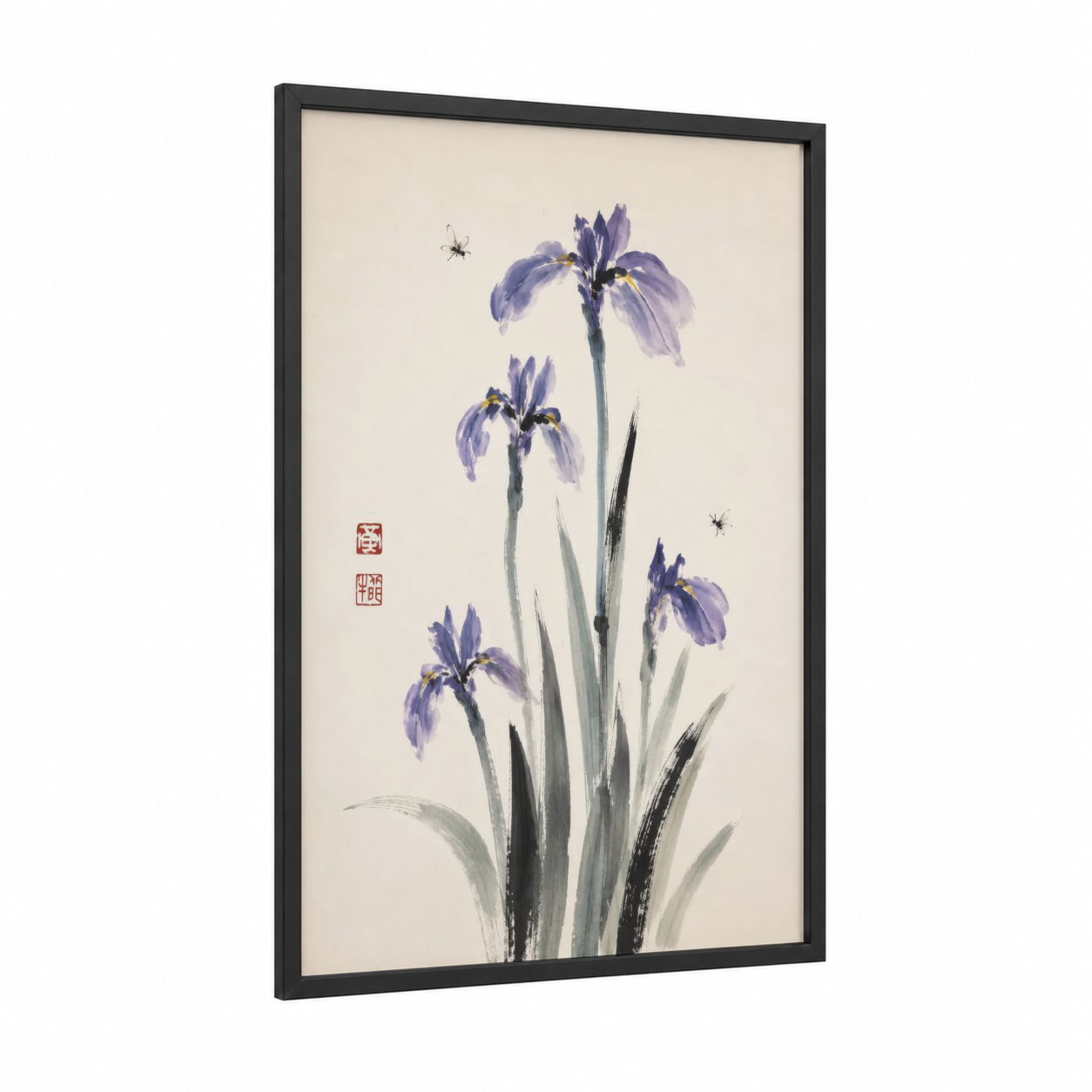 Japanese Iris and Bee Wall Art framed art print — black wood frame — lavender and cream palette