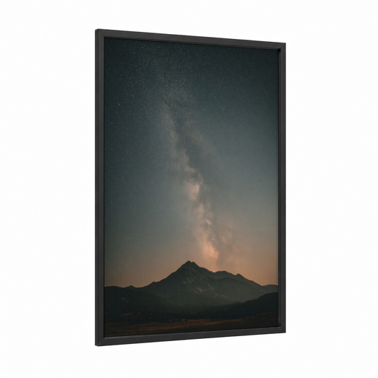 Milky Way Mountain framed night sky print — black wood frame — dark blue and gold palette