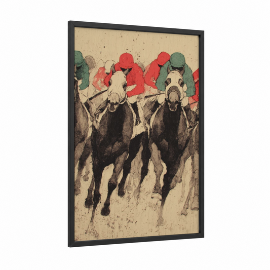 Racing Rivalry framed horse racing print — black wood frame — black and white and cream palette