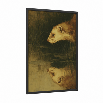 Riverside Weasel framed art print — black wood frame — gold and brown palette