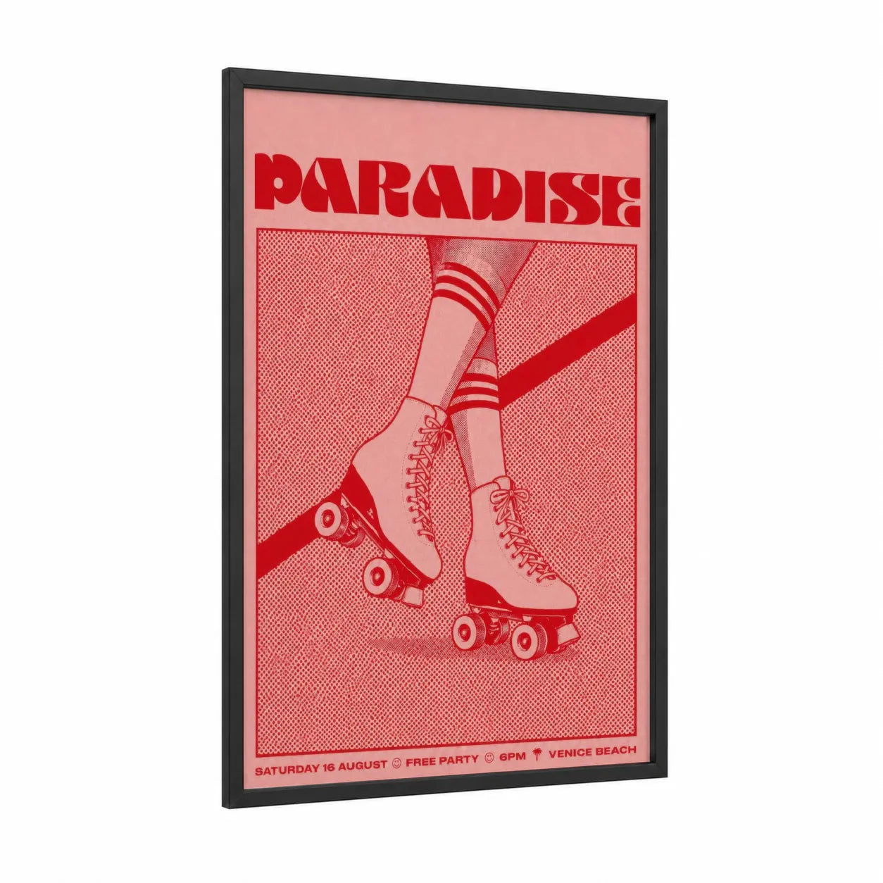 Retro Roller Skate Paradise Wall Art framed roller skating print — black wood frame — red and pink palette