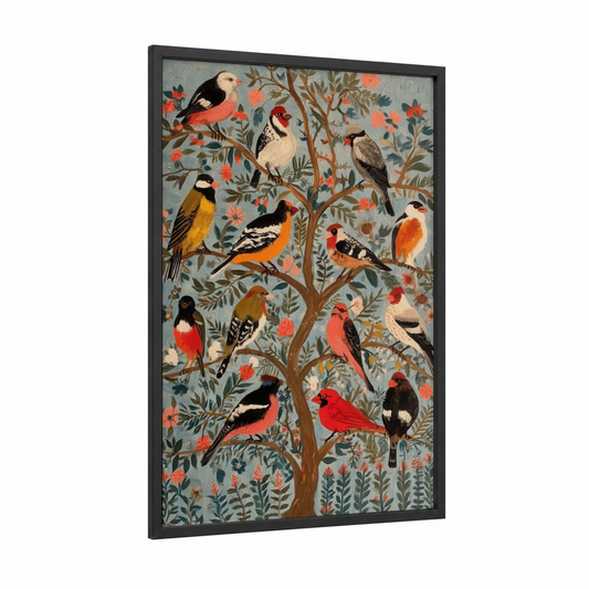 Songbird Tree framed finch print — black wood frame — orange and gray and pink palette
