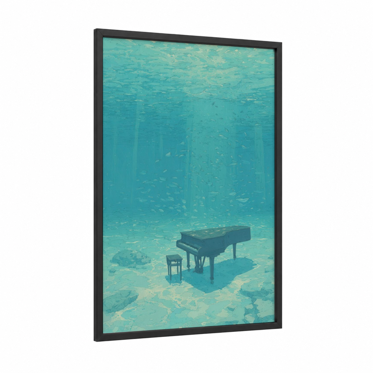 Underwater Piano framed art print — black wood frame — turquoise and aquamarine palette