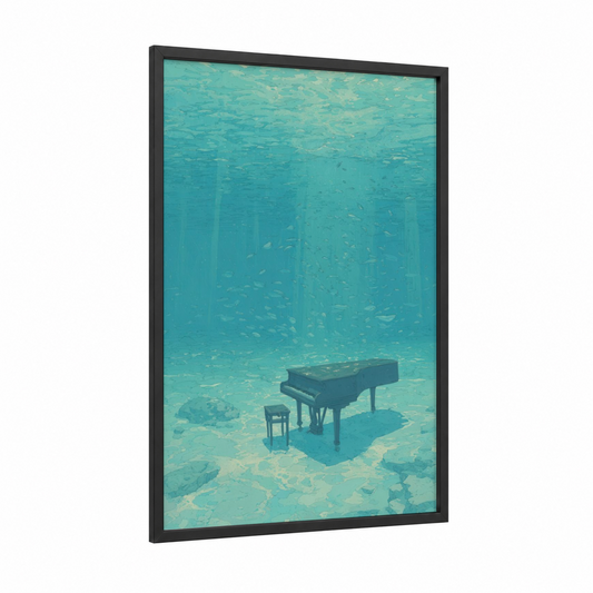 Underwater Piano framed art print — black wood frame — turquoise and aquamarine palette