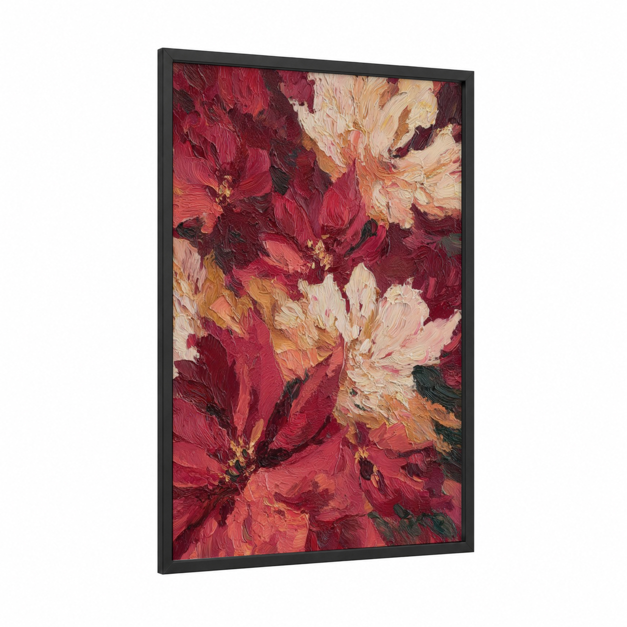 Crimson Poinsettias framed art print — black wood frame — magenta and cream palette