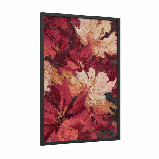 Crimson Poinsettias framed art print — black wood frame — magenta and cream palette