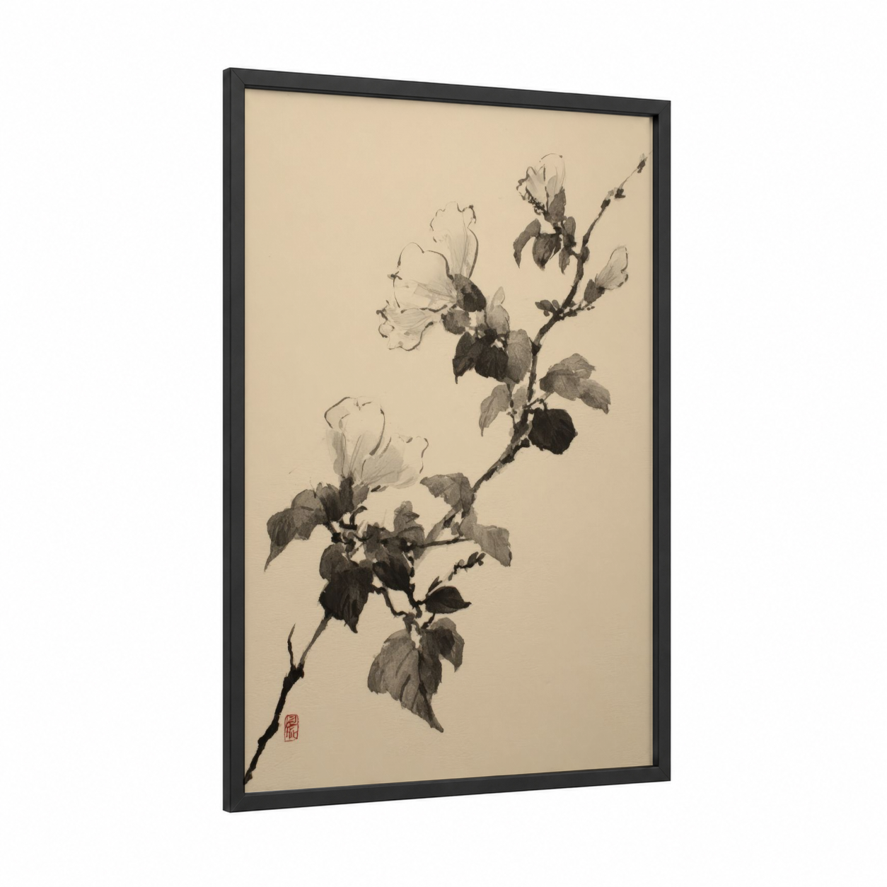 Delicate Hibiscus Branch framed art print — black wood frame — black and white and cream palette