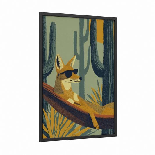 Cool Coyote framed art print — black wood frame — sage green and gold palette
