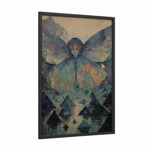 Mystical Sphinx Wings framed art print — black wood frame — teal and gold palette