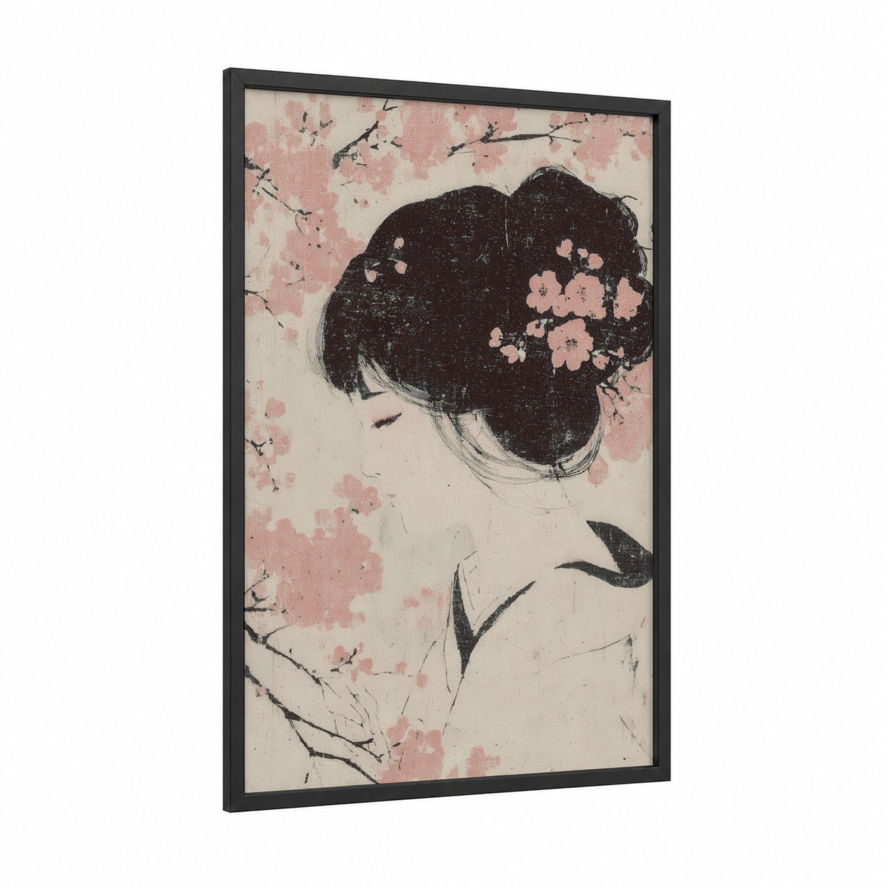 Floral Hair Profile framed art print — black wood frame — peach and black and white palette