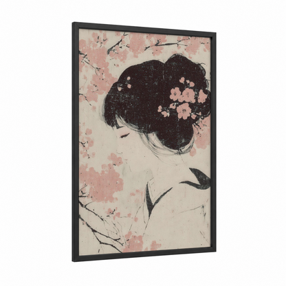 Floral Hair Profile framed art print — black wood frame — peach and black and white palette