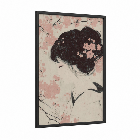 Floral Hair Profile framed art print — black wood frame — peach and black and white palette