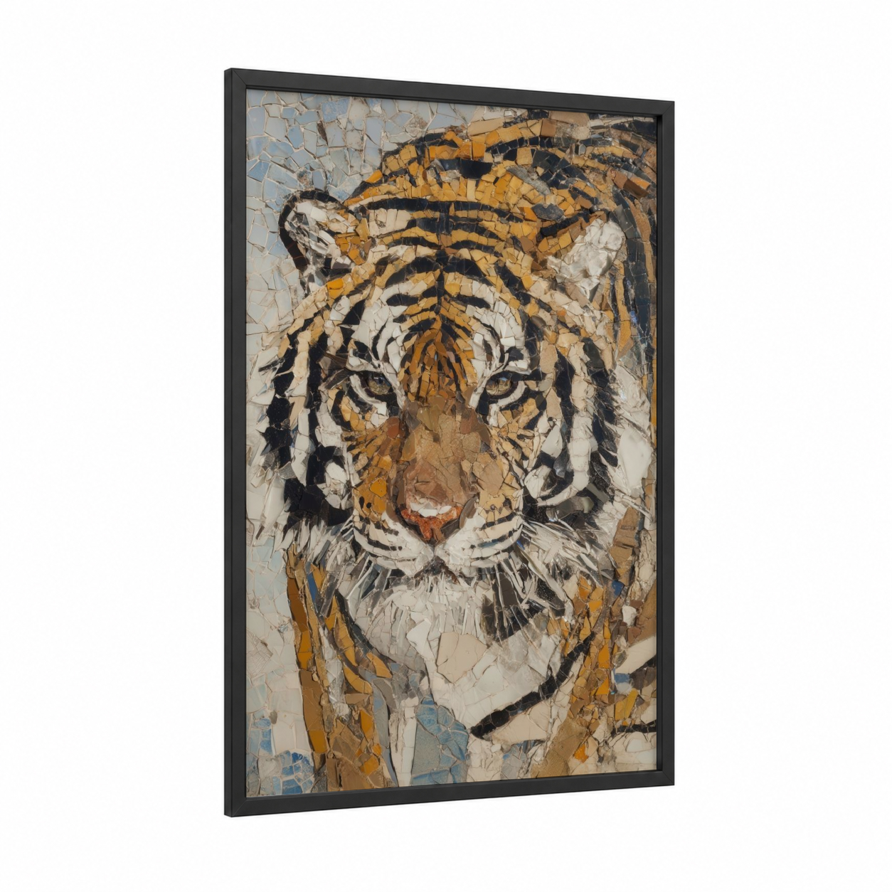 Tiger framed art print — black wood frame — gold and black and white palette