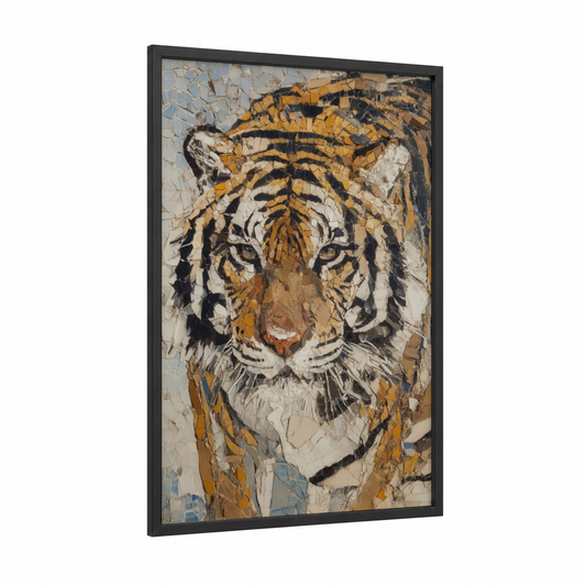 Tiger framed art print — black wood frame — gold and black and white palette