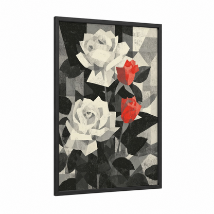 Geometric Roses framed art print — black wood frame — black and white and red palette