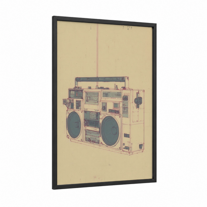 Vintage Boombox framed art print — black wood frame — cream and dove gray palette