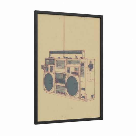 Vintage Boombox framed art print — black wood frame — cream and dove gray palette