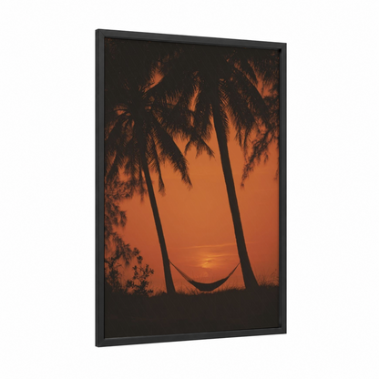 Tropical Sunset Camping framed art print — black wood frame — orange and black palette