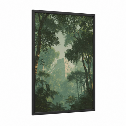 Jungle Temple framed chichen itza print — black wood frame — green and sage green palette