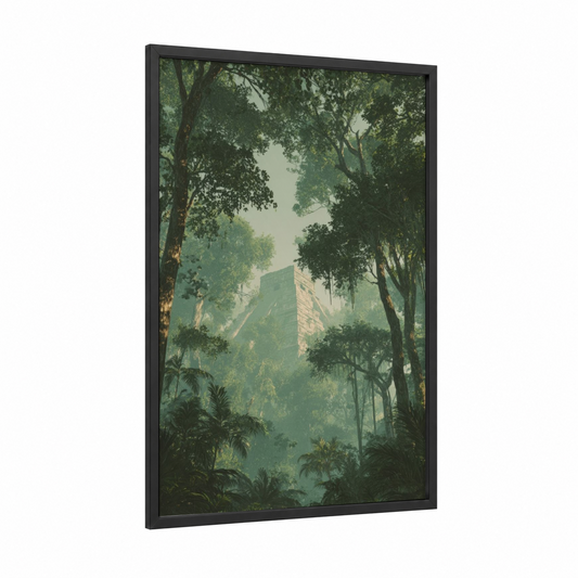 Jungle Temple framed chichen itza print — black wood frame — green and sage green palette