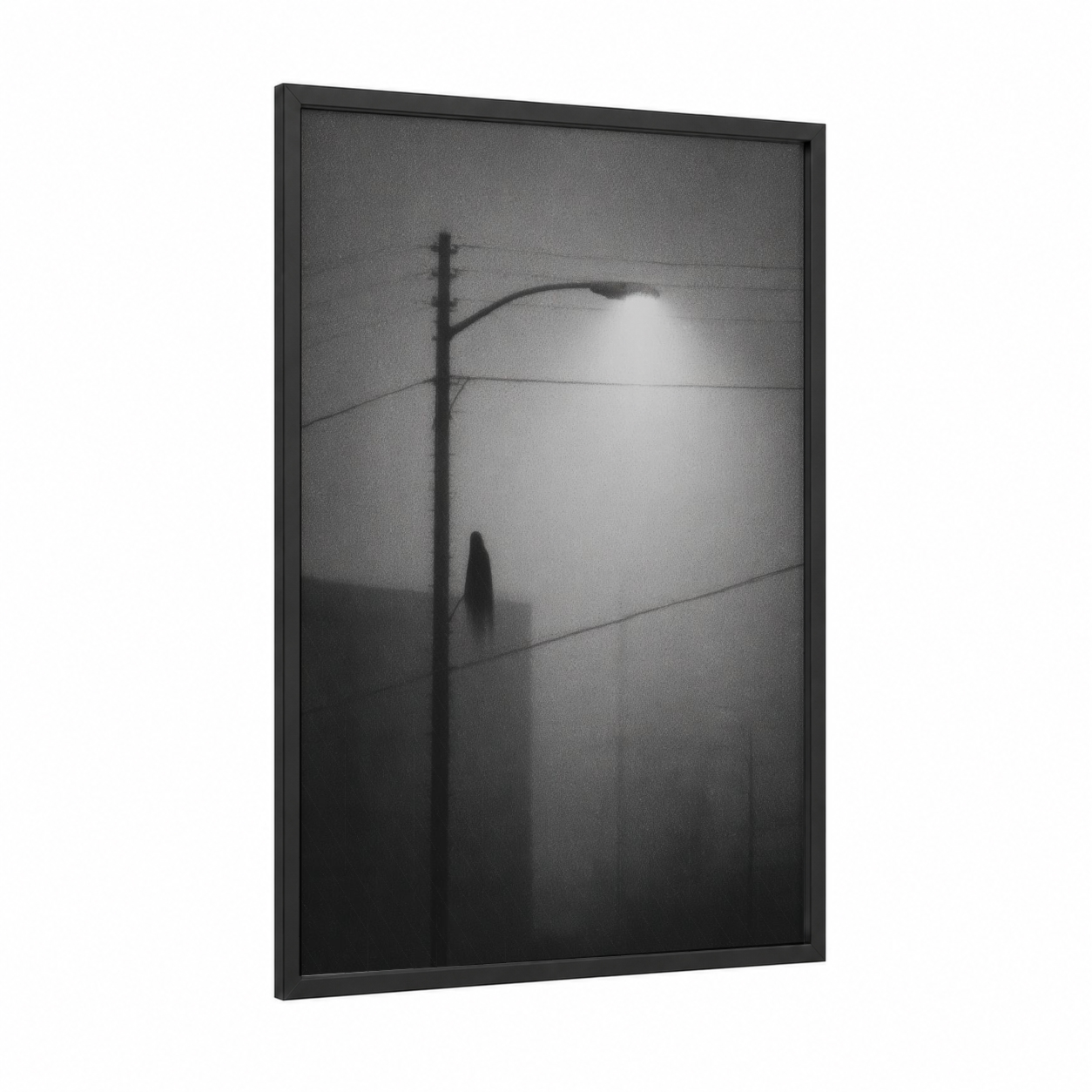 Foggy Apparition framed ghost print — black wood frame — black and white and gray palette