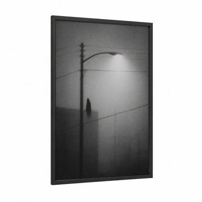 Foggy Apparition framed ghost print — black wood frame — black and white and gray palette